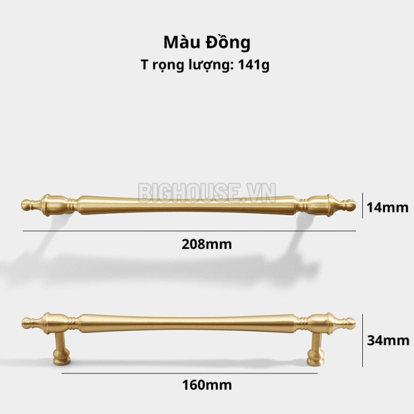 Tay nắm tủ đồng nguyên chất cổ điển màu đồng BHG120V - Hình ảnh 2